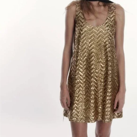 Zara Gold Sequin Sleeveless Mini Dress Scoopneck Size Small - Picture 4 of 7